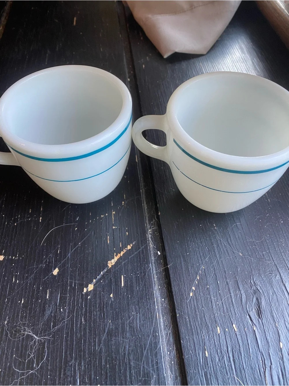 Pyrex White Milk Glass Coffee Cups with Turquoise Blue Stripe - Set of 2